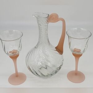 VGT CCI Crystal Glass Pitcher/Decanter Pink Handle With 2 Glasses